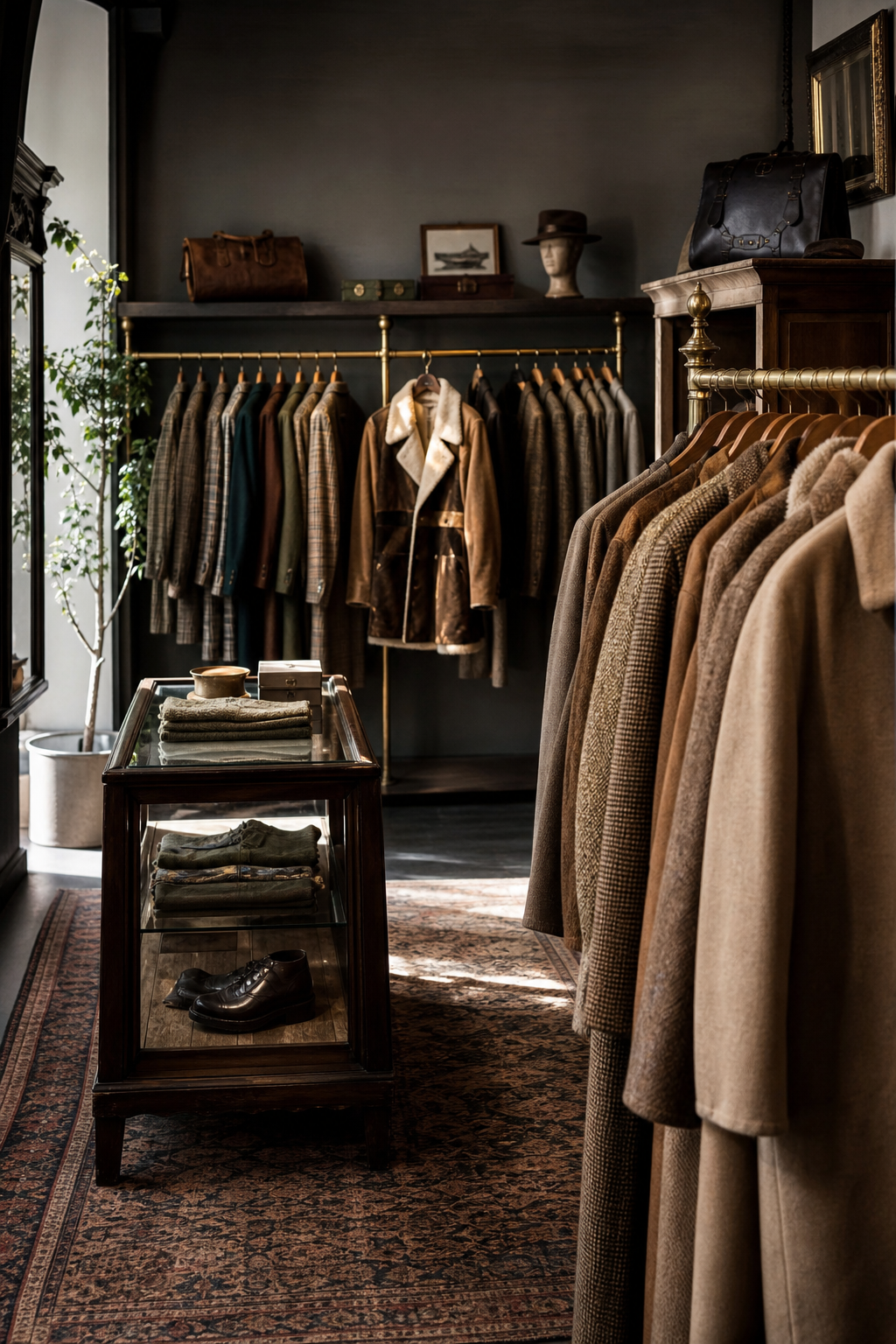 Refined vintage boutique interior with curated garments on rails